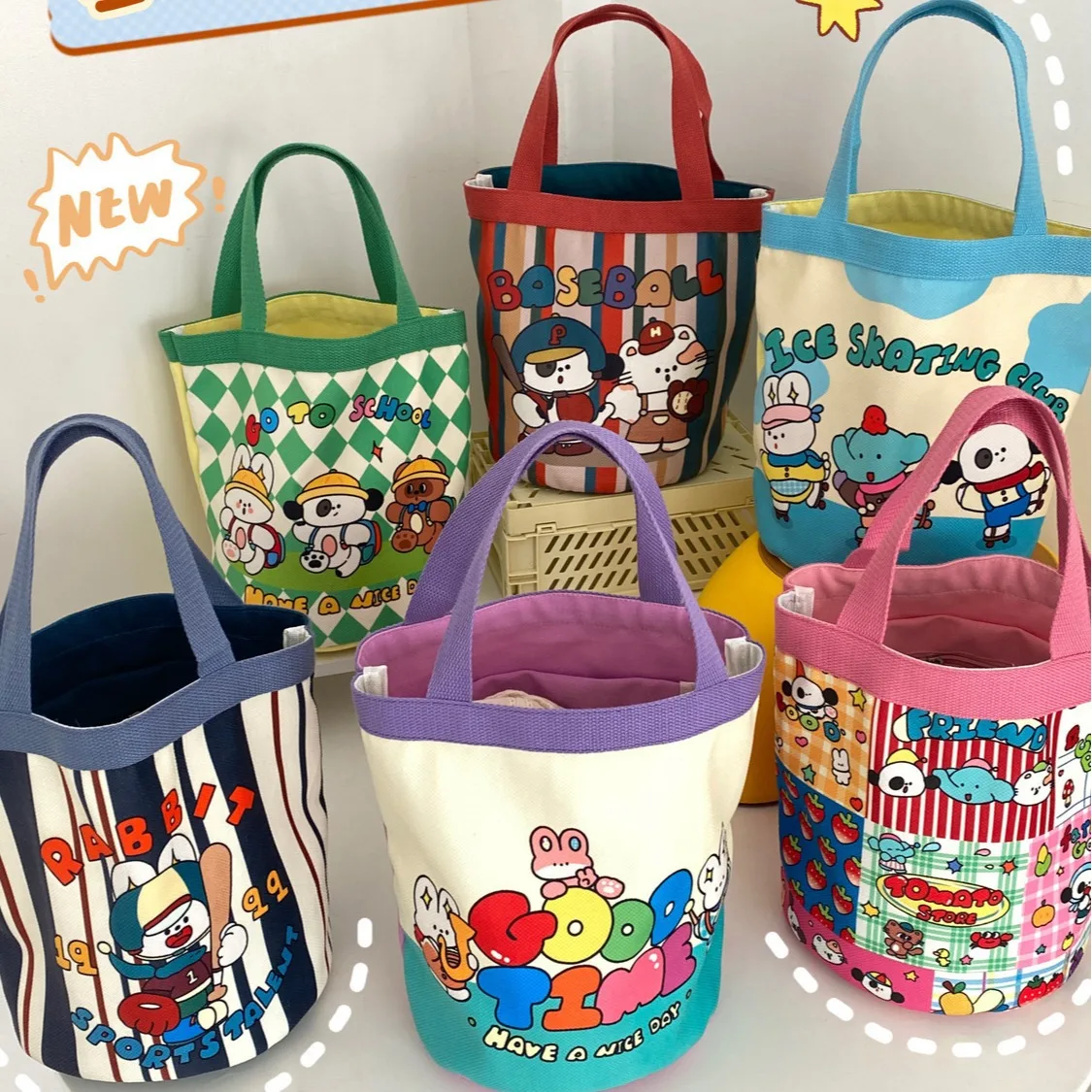 Cute Graffiti Bag for Children's Fun Illustration, Handheld Round Bucket, Mommy Storage Bag, Bento Bag, Office Small Bag