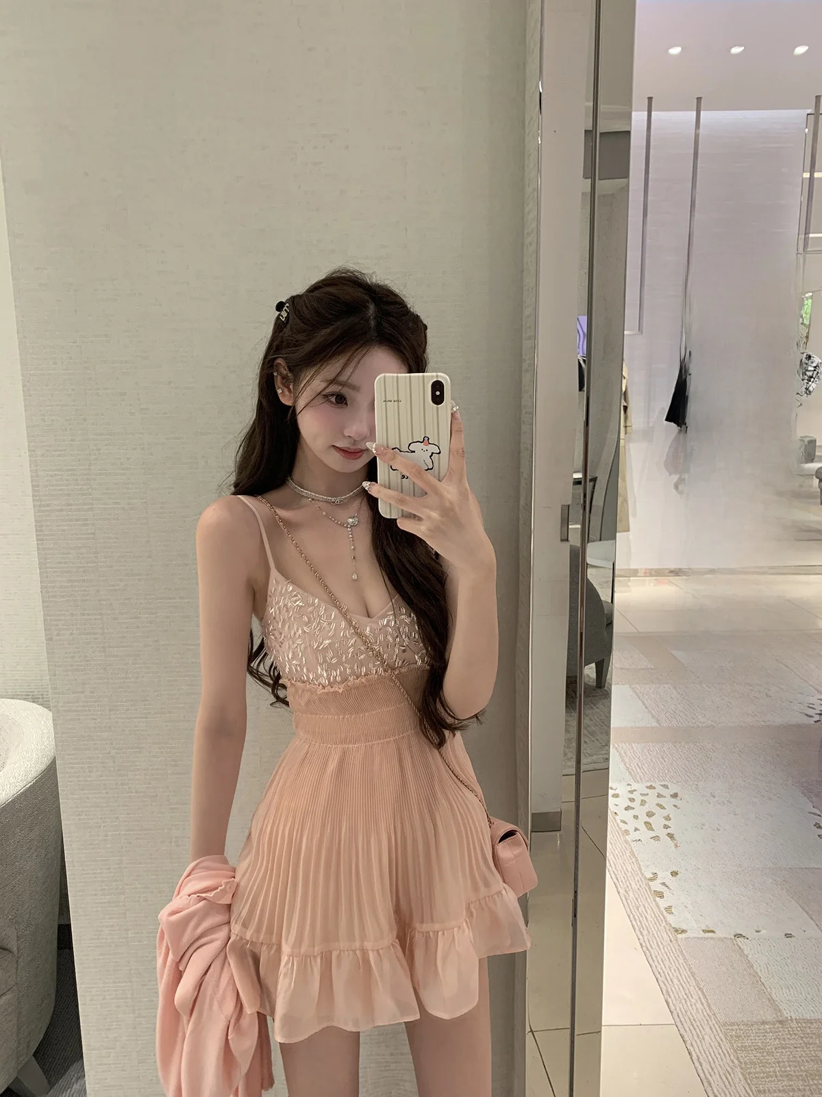 

Lanlan's Wardrobe Glittering Embroidered Dr Women's Summer New Sle Sweet School Sle mid High Waist Soft Polyester