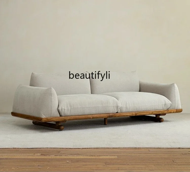 

ss8350 Bread sofa Nordic retro wabi style Indonesian teak linen three-person solid wood simple sofa