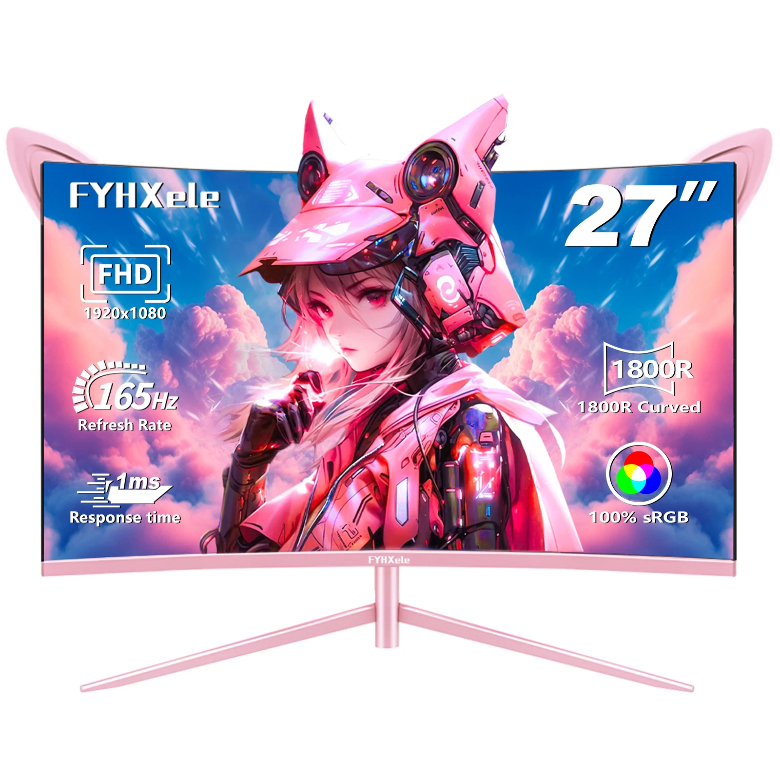 FYHXele 27inch 165Hz Curved Gaming Monitor FHD QHD Fast IPS 1ms FreeSync 99% sRGB HDMI DP USB VESA Mountable Pink