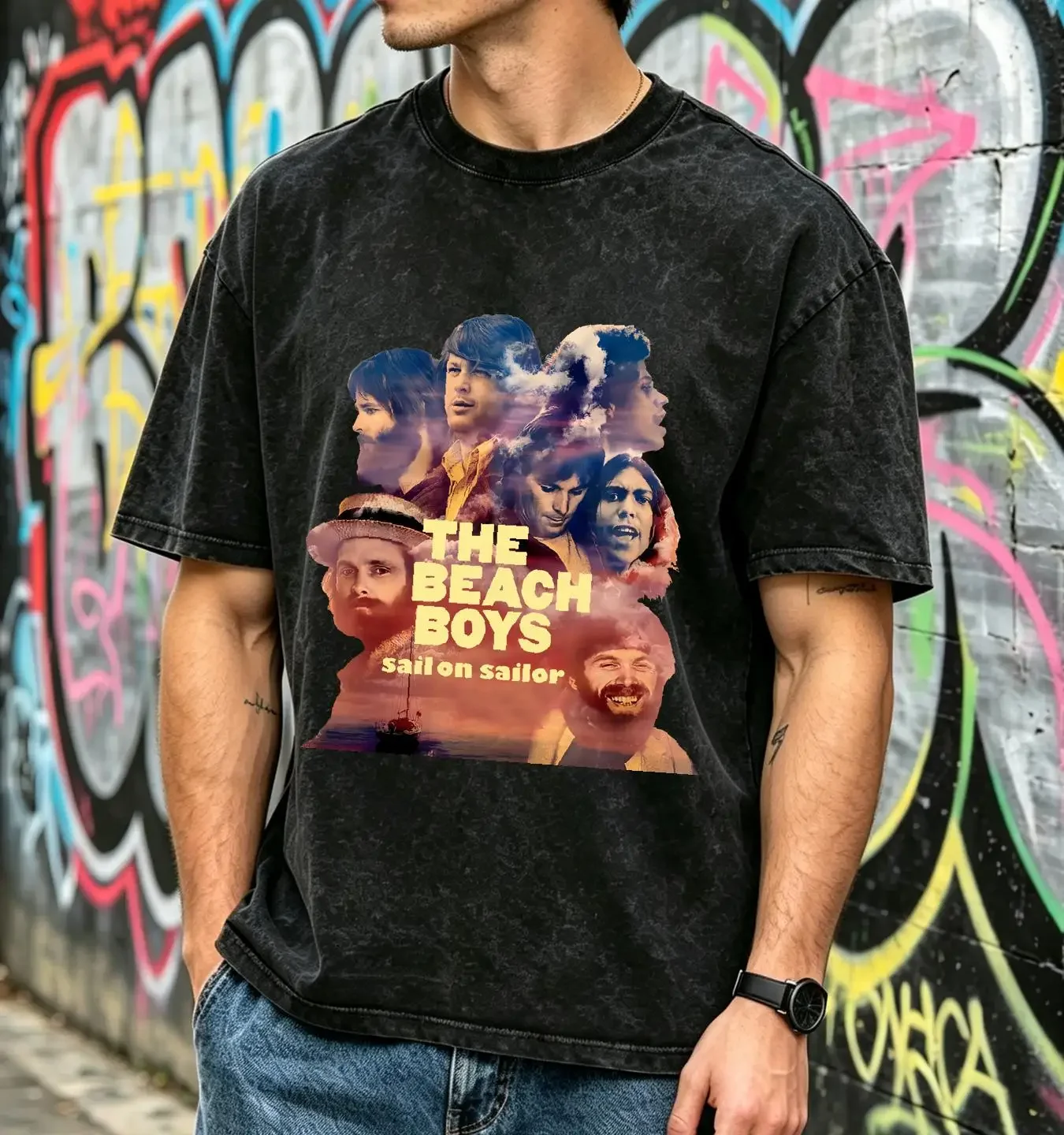 washed T Shirt The Beach Boys Sail on Sailor Band Classic Style All Size KH0951 vintage Washed Versatile Breathable