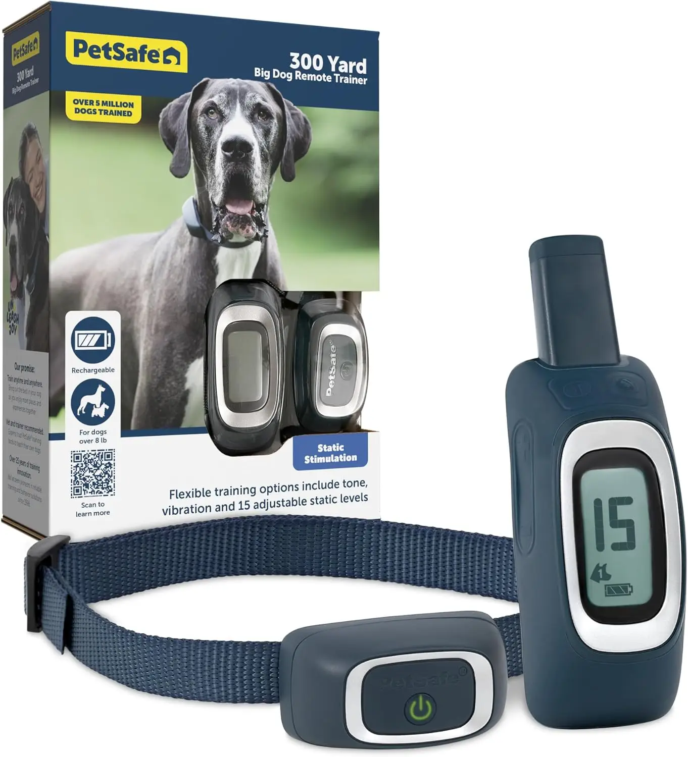 

300-Yard Remote Training Collar – Tone, Vibration, 15 Static Levels – Waterproof, Rechargeable – Medium Range for Off-Leash Dogs