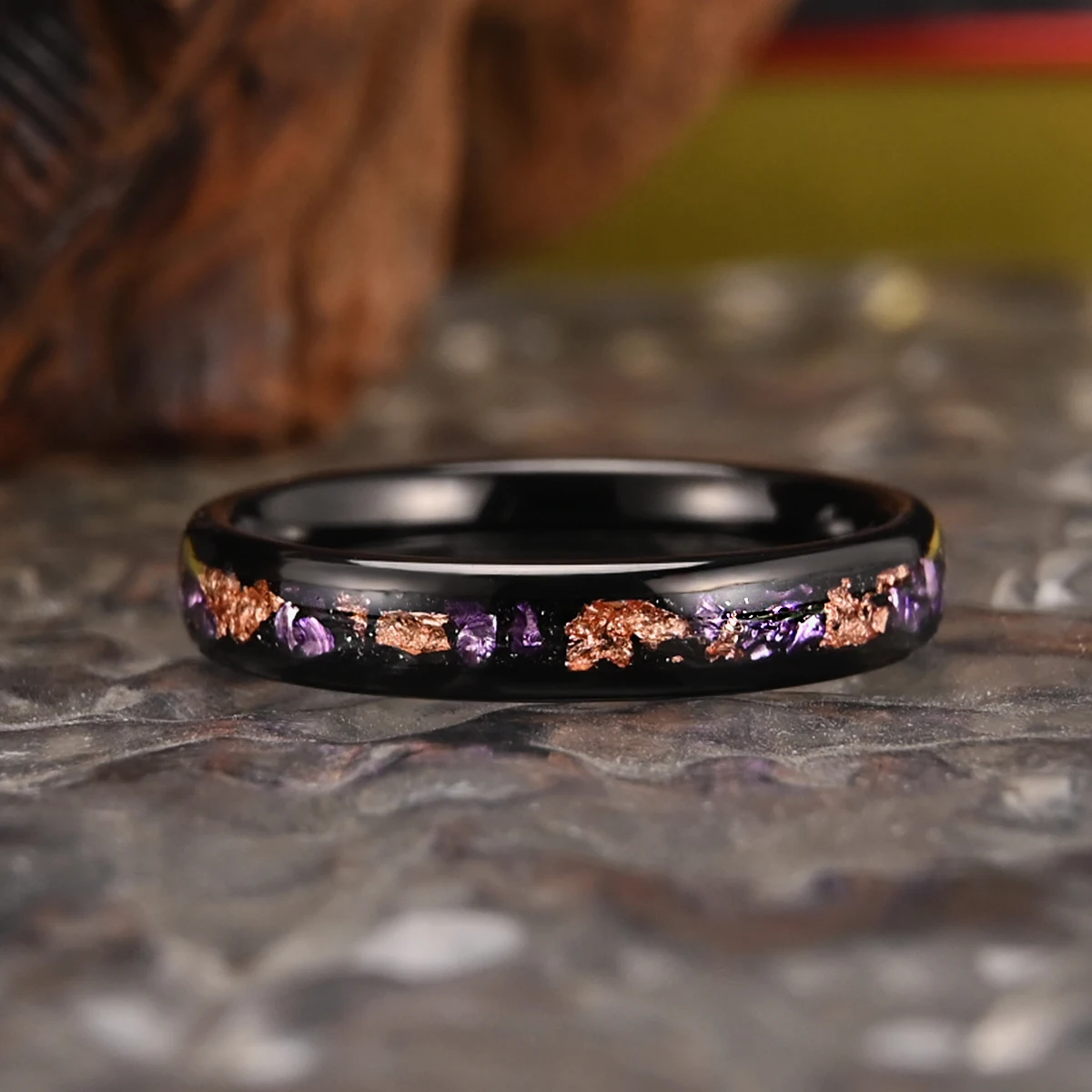 8mm/4mm Amethyst Tungsten rose Golden Leaf Ring, Wedding Rings for Men and Women, Comfortable for Everyday Wedding Gift