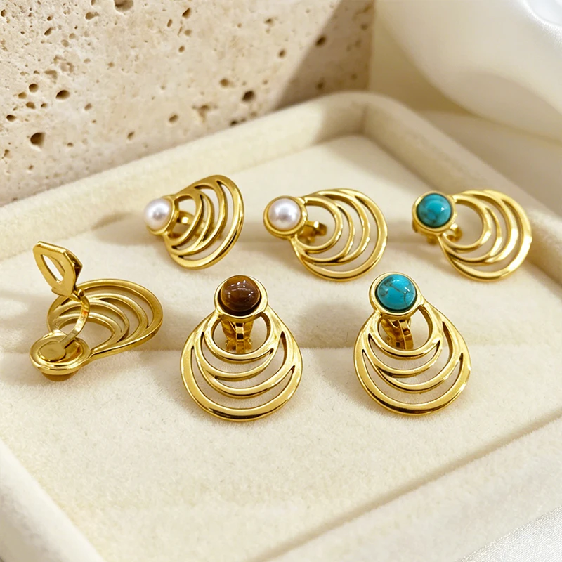 Stainless Steel Natural Turquoise Ear Clips 18K Gold Plated Female Non Tarnish Waterproof Non Pierced Clip on Earrings Jewelry