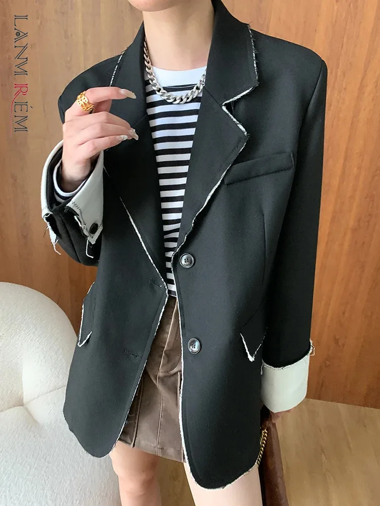 

[LANMREM] Burr Edge Contrast Color Blazers For Women Notched Single Breasted Long Sleeve Fashion Jackets 2024 Autumn New 26D9771