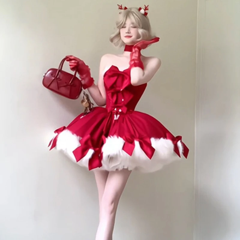 New Christmas Red Lolita 2Pcs Set for Women, Furry Trim Hooded Cape Bow Puff Mini Princess Skirt New Year Holiday Party Costume