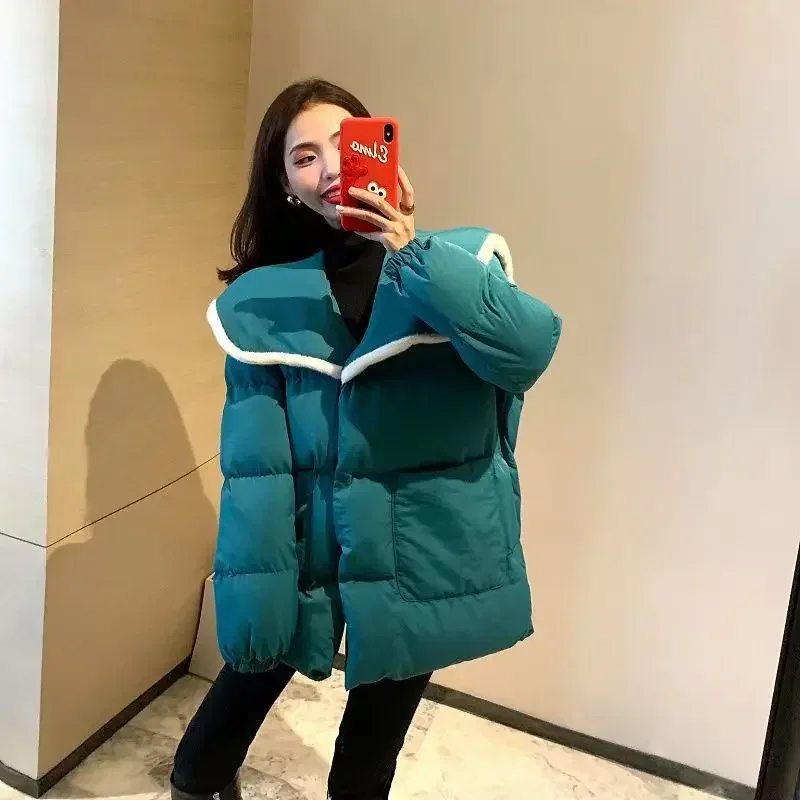 New Fashion Blue Parkas Women Turn Collar Loose Casual Coats Slim Wiast Puff Coat Commuter Student Oversized Parkas with Sashes