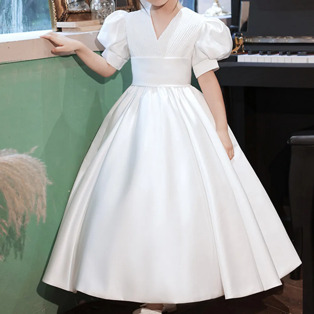 White Flower Girl Dresses For Wedding  Flowers Beaded Satin A-Line Pleated Birthday Pageant First Communion Gowns