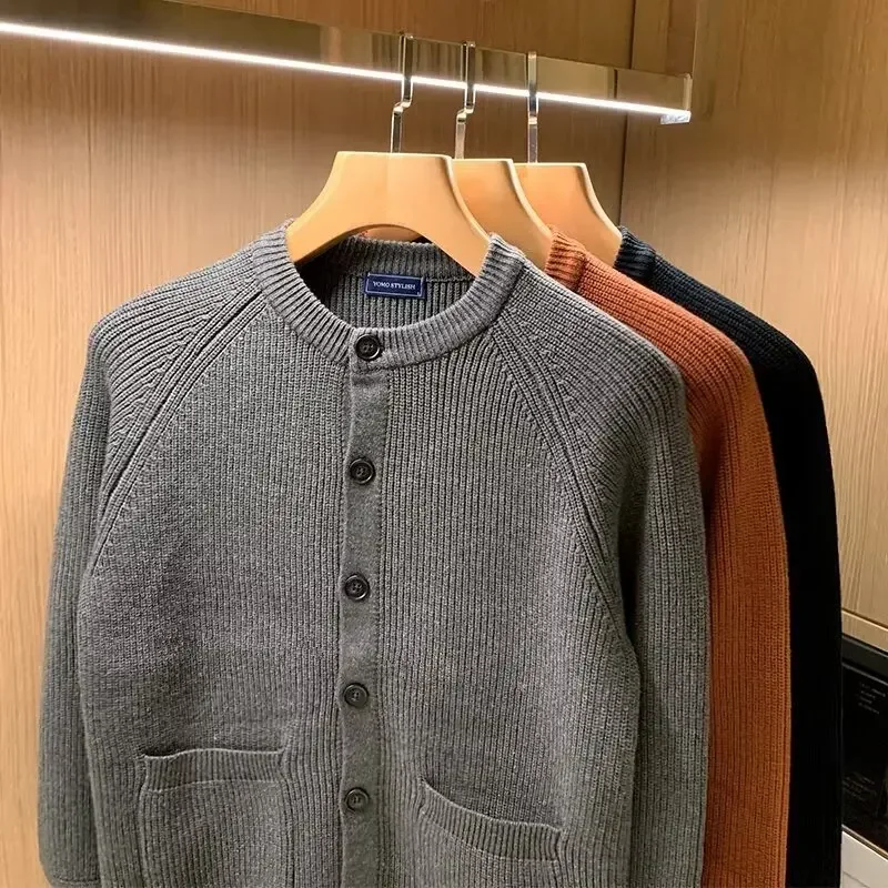 Autumn Retro Leisure Knitted Sweaters for Men Round Collar Man Clothes Jacket Solid Color Coat Crewneck Plain Man Cardigan