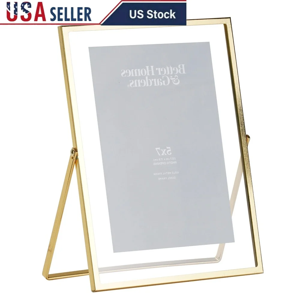 

Gold Metal Glass Floating Picture Frame Heavyweight Contemporary Design Foldable Easel Stand Ideal Cherished Photos Decor