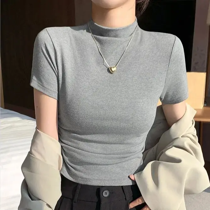 Turtleneck Short Sleeve Bottom Shirt Women Side Ruffle Slim Slim Short Tops Cotton Soft Slim Basic Blouse