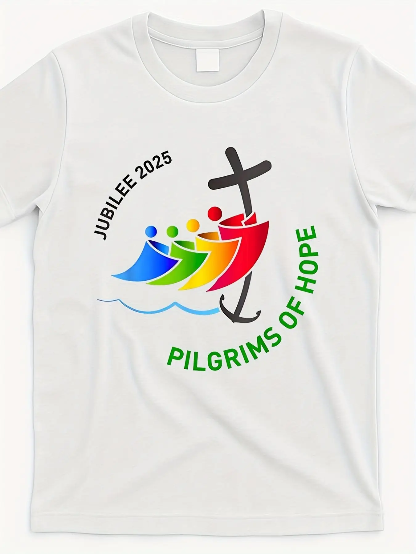 Jubilee Hope Pilgrim T-shirt, white religious symbol design with cross and colorful pilgrim print soft and breathable cotton