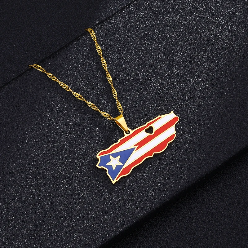 Fashion USA Puerto Rico Map Flag Pendant Necklace Stainless Steel Men Women Heart Maps Jewelry Gift