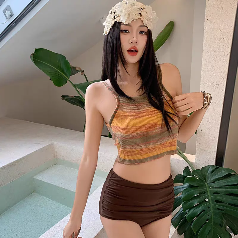 

Новинка 2025: Американское вязаное бикини для женщин, сексуальное, раздельное, с высокой талией, скрывающее живот, с эффектом пуш-ап для небольшой груди, для горячих источников и отпуска