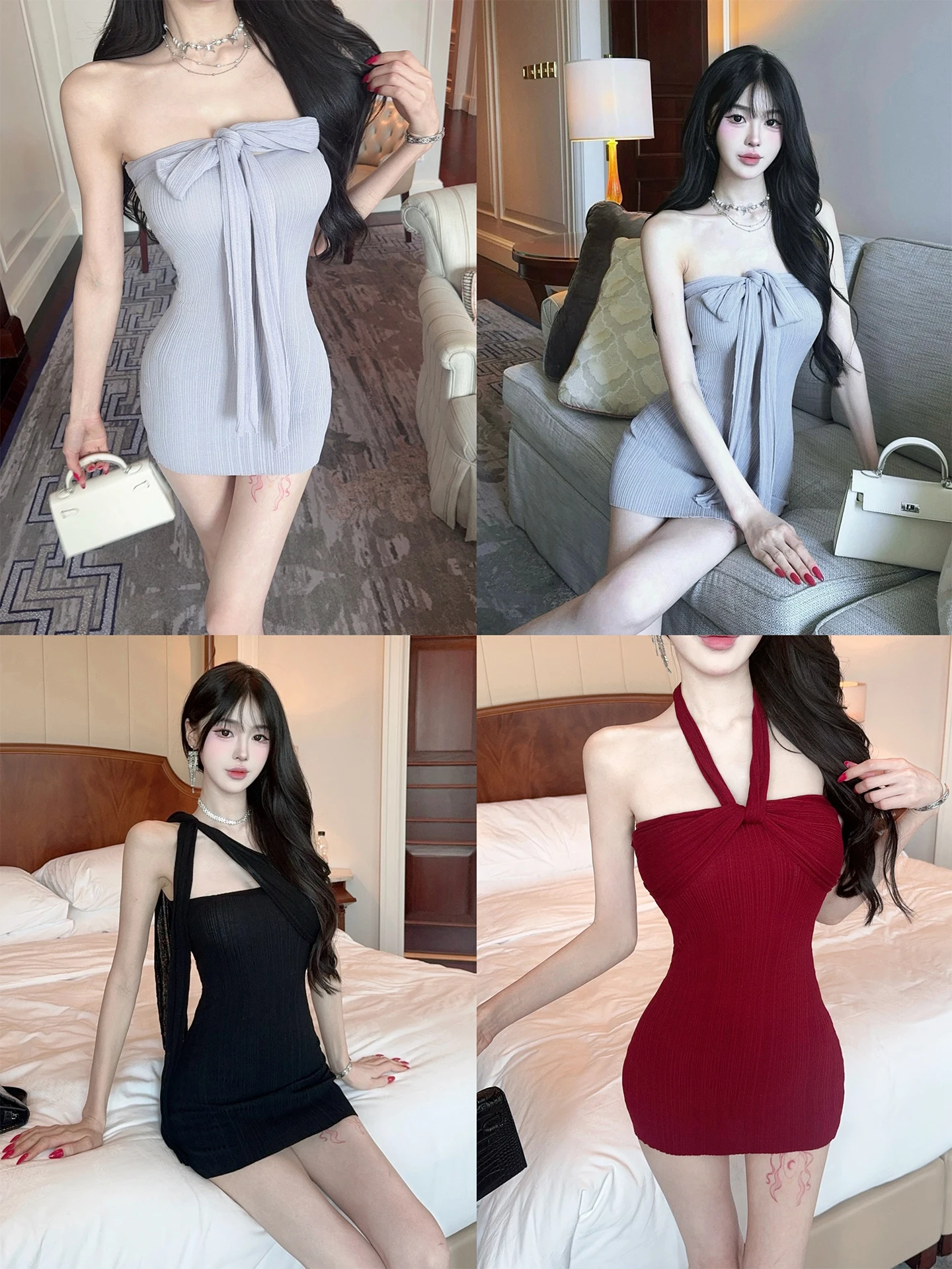 

Joykiki Cool Knitted Dr Ele Splicing Design Belted Dr Sexy A-Line Skirt High Waist Polyester Fiber Svel Dr