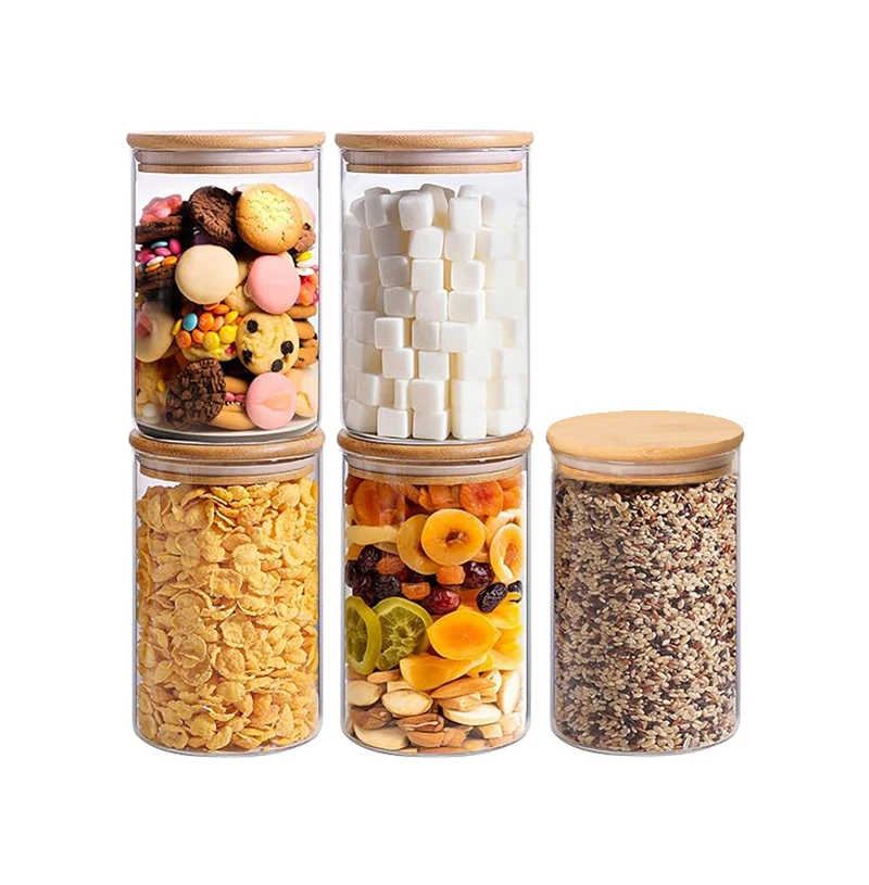 Transparent sealed glass storage tank with bamboo lid for noodles flour grain rice sugar coffee beans, round 32oz*5-piece set