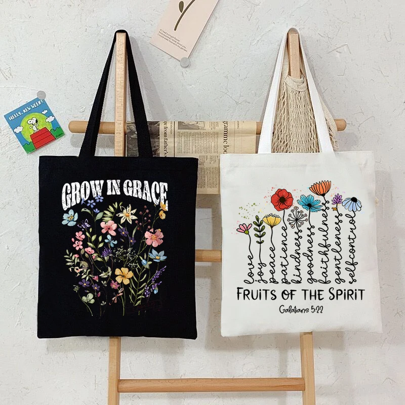 

Vintage Wildflower Women's Shoulder Bags Religion Faith Handbag "Fruits of The Spirit" Bohemia Teenager Jesus Canvas Tote Bags