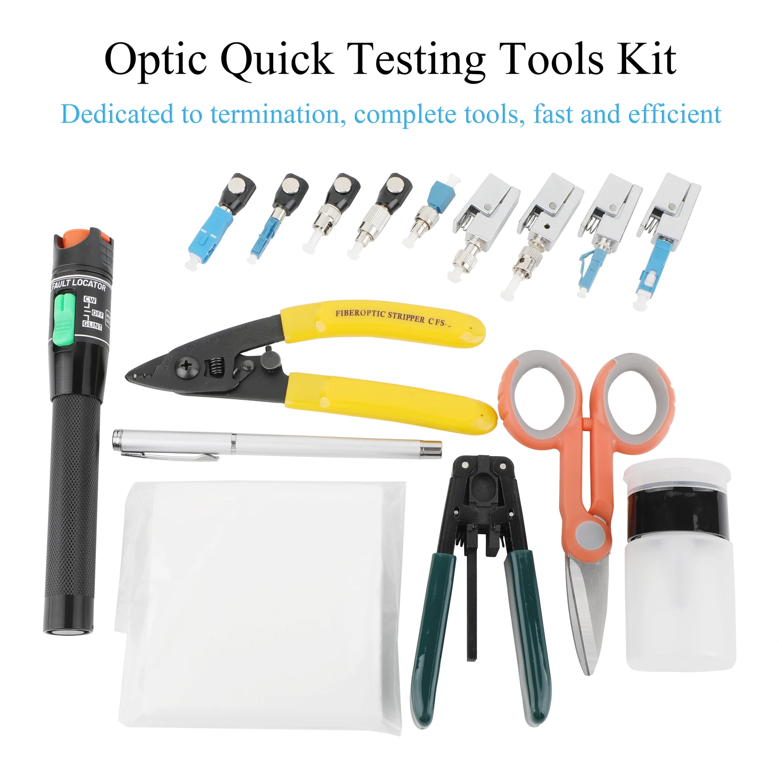 

Fiber optic connection & testing tool kit(8/9/10 PCS in 1): UPC connectors, 30kmtester,strippers, cleaning tools for OTDR test