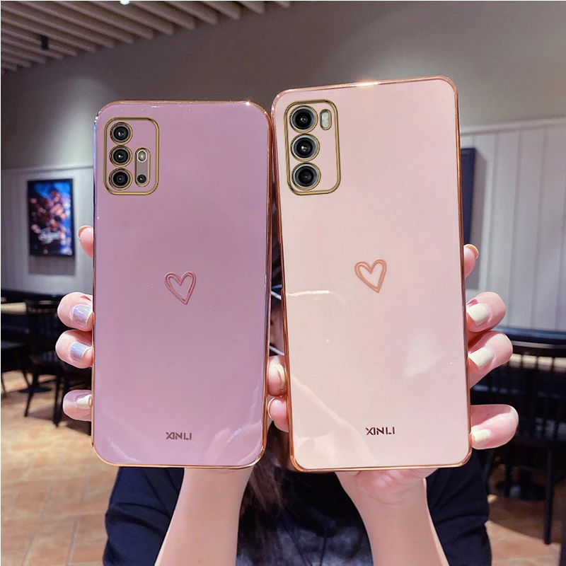 Love Heart Plating Phone Case On For Motorola Moto G60 G30 G20 G10 G50 5G 2021 G22 G52 G40 E20 G8 G9 Play E7 Plus Power Cover