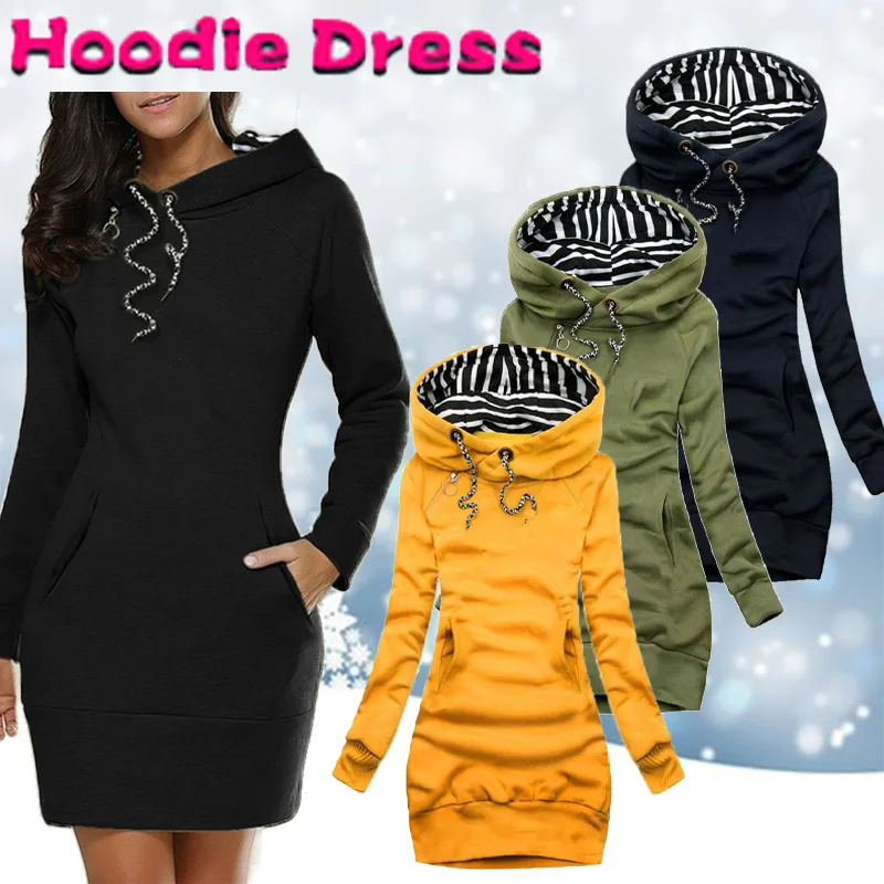 Women Sweater Dress Long Sleeve Hoodie Dress Autumn Winter Casual Slim Sweater Hoodies Dress