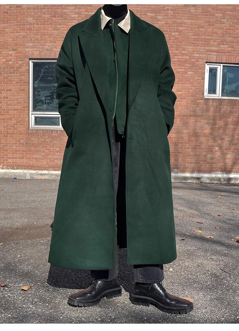Mauroicardi Autumn Winter Long Warm Oversized Soft Dark Green Black Woolen Coat Men Loose Casual Korean Wool Blends Overcoat