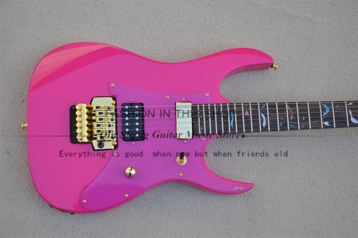 Pink Electric Guitar Maple Neck Set In Mahogany Rosewood Fingerboard Tremolo Bridge Gold Tuners RG Guitar