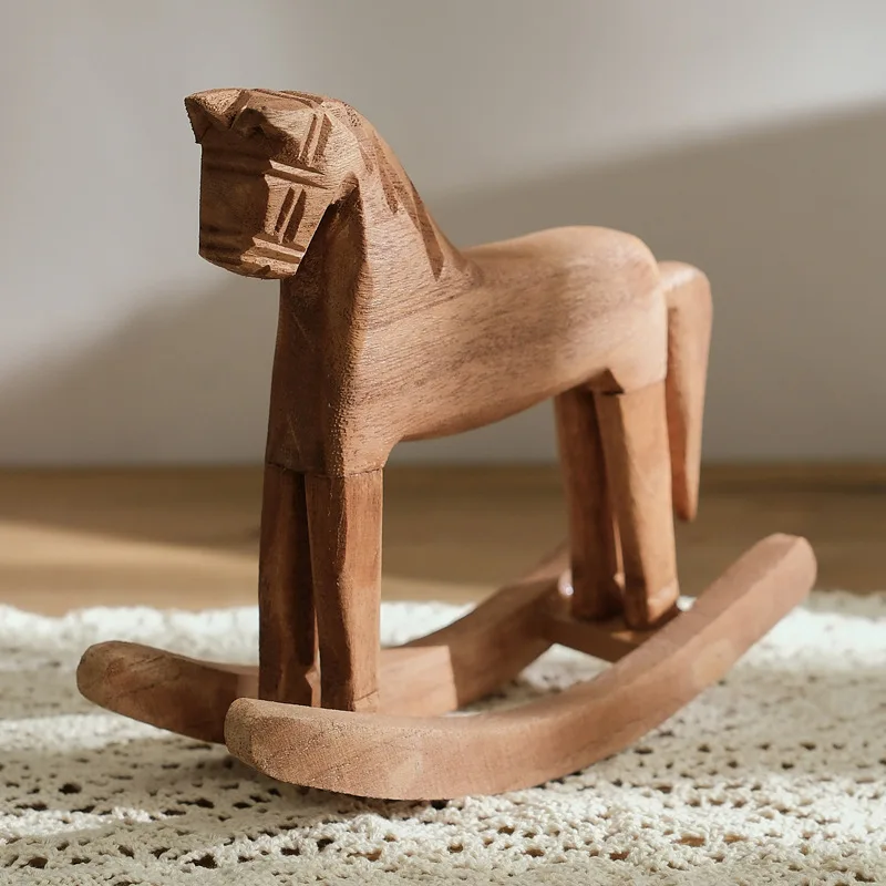 Handmade Carving Wooden Rocking Horse Ornaments Cute Animal Figurine Crafts Baby Shower Kids Birthday Gift Wedding Home Decor