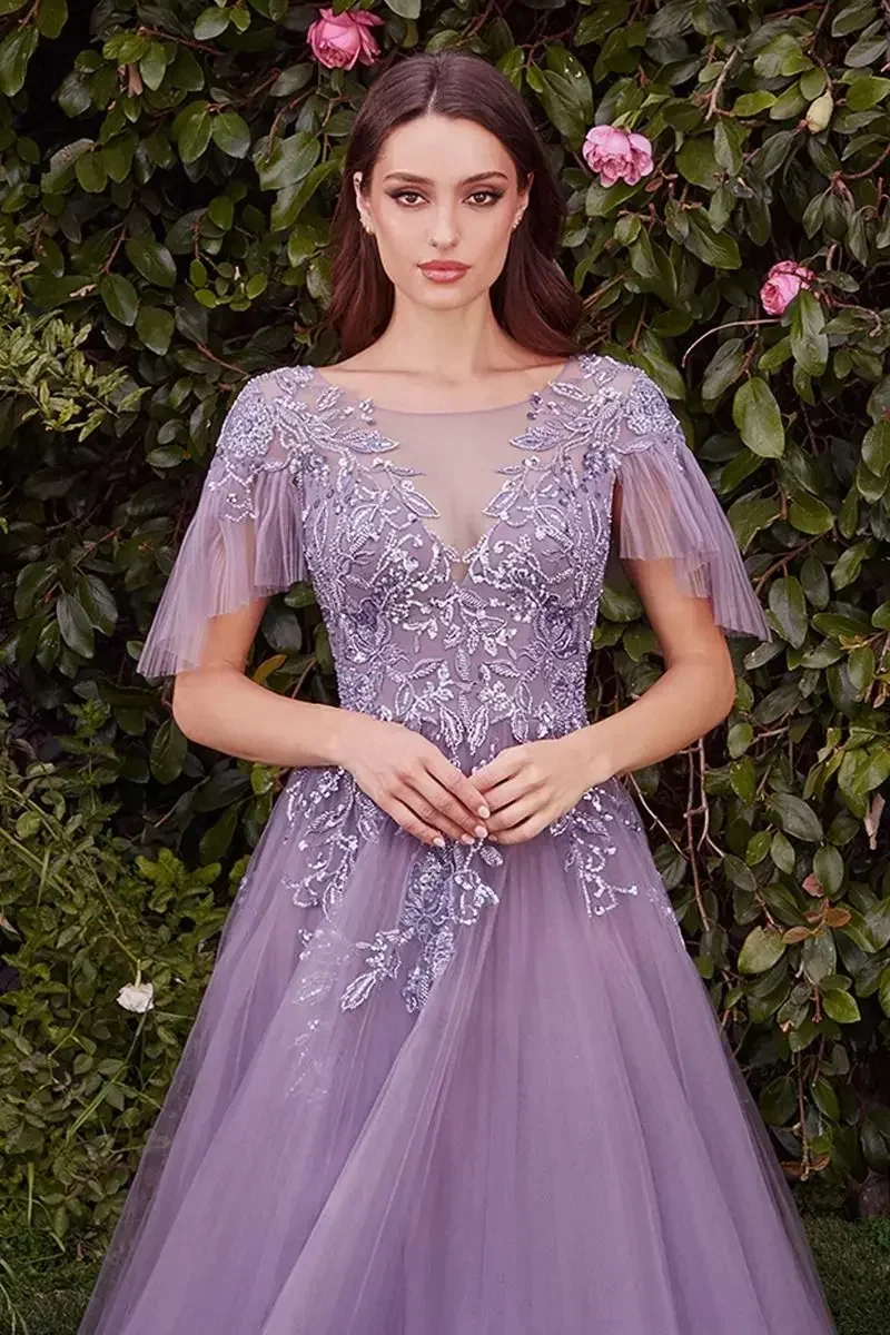 Customized Elegant A-Line Tulle Lace Short Sleeve Prom Dress With Sequin Detail V-Neck Full Length Gown For Mother Of The Bride