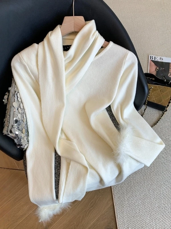 

Белый вязаный свитер Ele для женщин с длинными рукавами, осенне-зимний модный дизайн, приталенный фасон, французский стиль, полиэстер