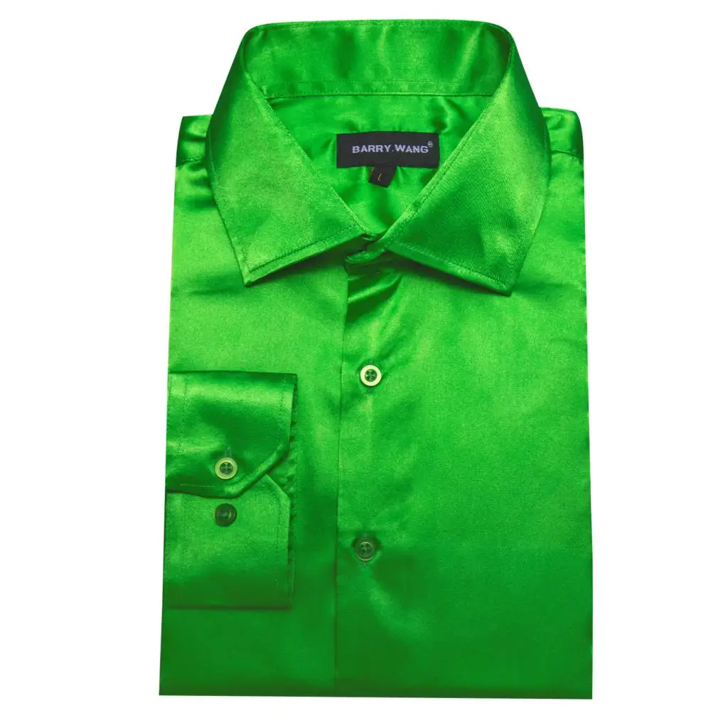 Luxury Men\'s Shirts Long Sleeve Solid Satin Silk Green Business Daily Bloues Regular Slim Fit Turn Down Collar Tops Barry Wang