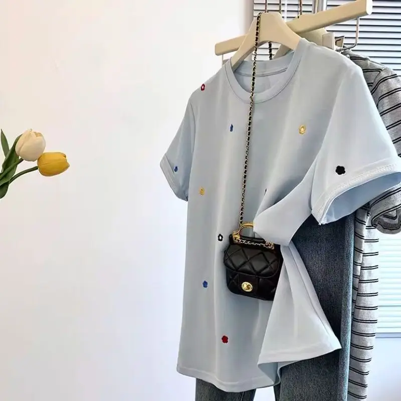 

Women Clothing Summer Fashion Casual Printing Solid Color O-neck Female All-match Young Style Slim Short Sleeve Appear Thin Tops