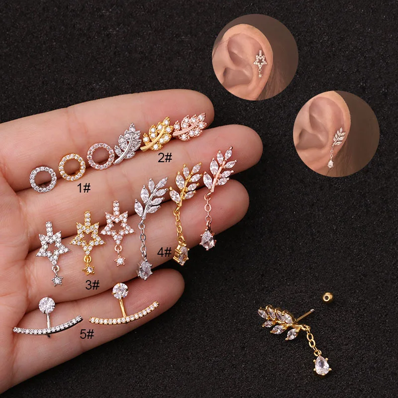 New 1pc Cz Leaves Stars Curved Cartilage Earring Stainless Steel Helix Screw Back Stud Tragus Rook Lobe Earring Piercing Jewelry