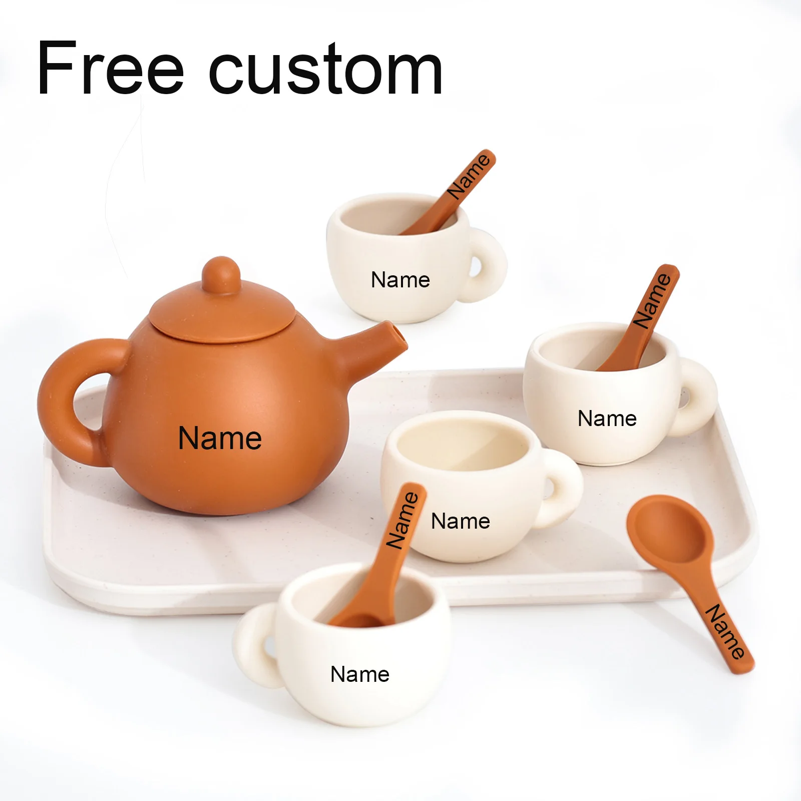 Free Custom Silicone Tea Set for Age 1-3 Kids, 6Pcs Teapot Cups Coasters Carrying Scoop, Kitchen Accessories Pretend Play Gifts