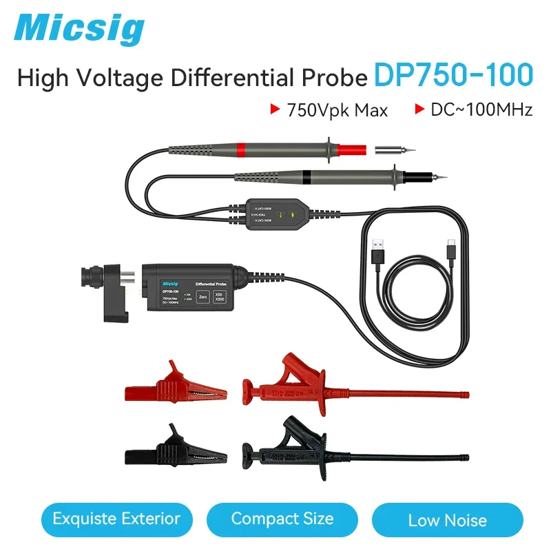 Oscyloskop Mikig 750V 100MHz Wysokonapięciowa sonda różnicowa DP750-100 Zestaw 50X/500X Tętno tłumienia Interfejs UPI Przeciwdziałanie