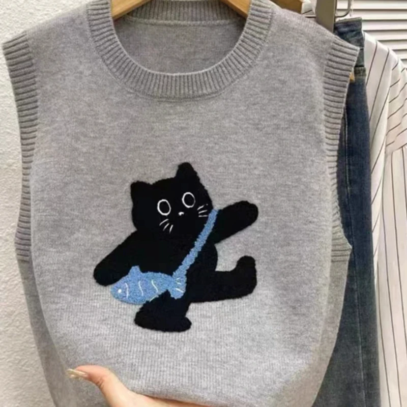 AOSSVIAO 2026 Women Knitted Tank Top Summer Fall Cartoon Sweater Short O Neck Sleeveless Solid Spring Sweaters Pullovers