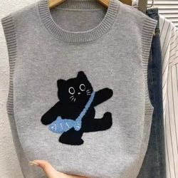 AOSSVIAO 2026 Women Knitted Tank Top Summer Fall Cartoon Sweater Short O Neck Sleeveless Solid Spring Sweaters Pullovers
