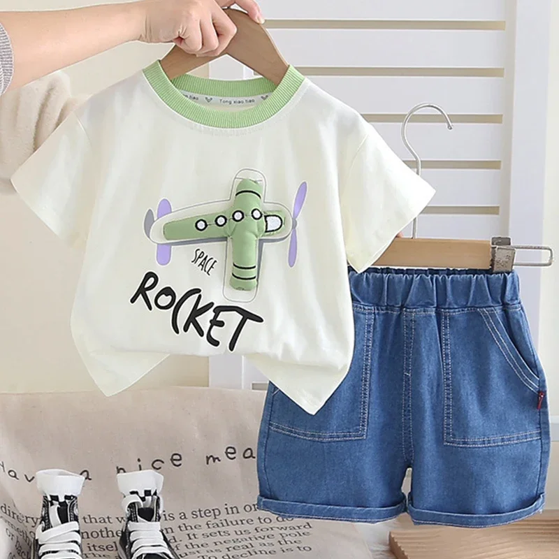 

Summer Baby Boy Clothes Korean Casual Cartoon Cute Short Sleeve Tops+Denim Shorts Boutique Kids Clothing Children's Sets BC2264
