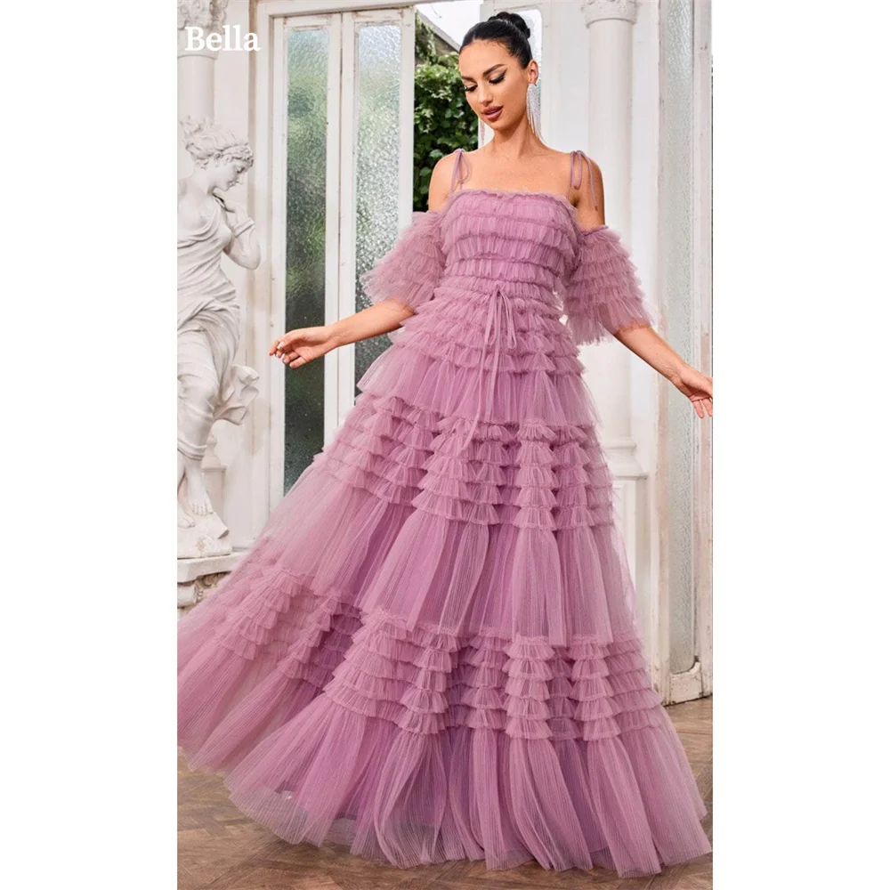 Bella Spaghetti Strap Tulle Evening Dresses Elegant Spaghetti Strap A-line Vestidos De Fiesta Backless Floor-length فساتين سهرة