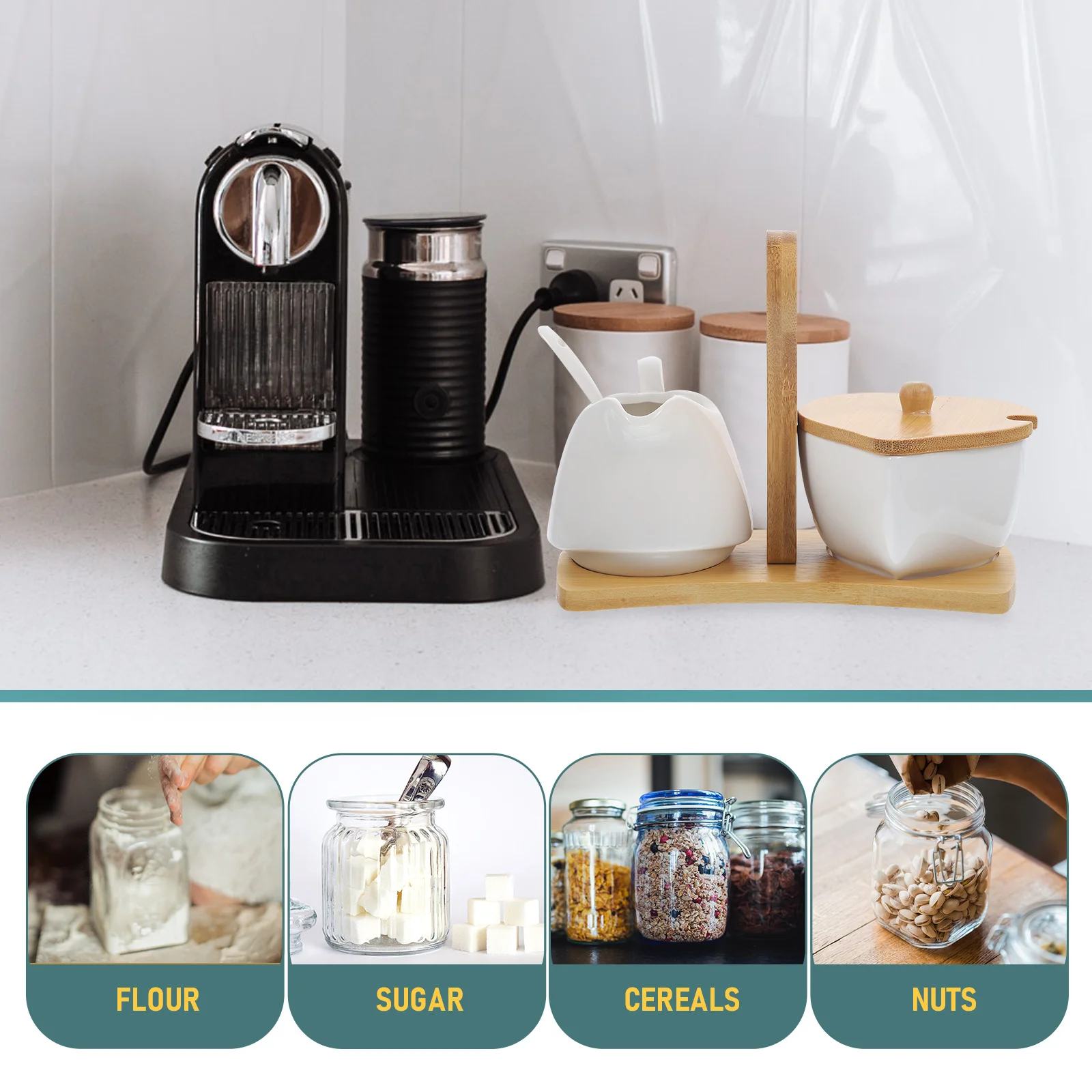 

Stylish White Sugar And Cream Set With Bamboo Tray And Spoon Perfect For Housewarming Gift