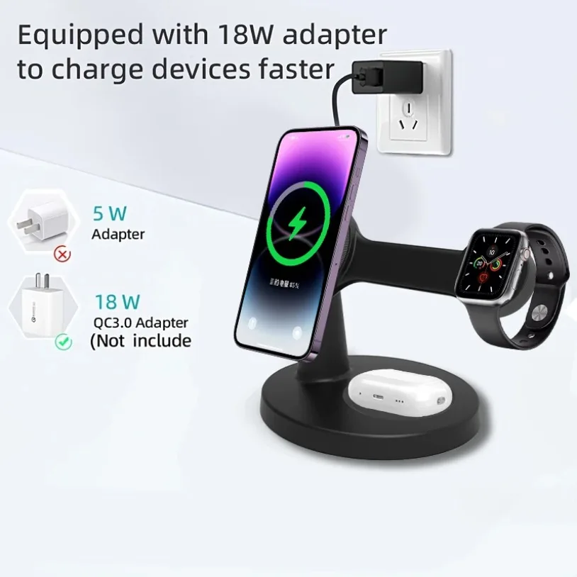 100W 3 In 1 Magnetic Wireless Charger Stand For Magsafe iPhone 16 15 14 13 Pro Apple Watch 9 8 AirPods Pro Fast Charging Station - náhled 4