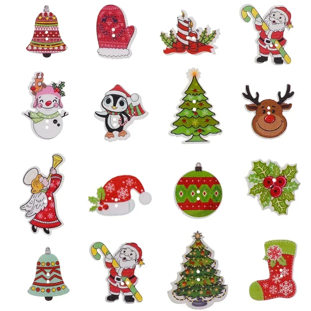 50pcs DIY 2 Holes Wooden Buttons Wood Christmas Cartoon Sewing Scrapbooking For Cloth Decoration New Year's Product