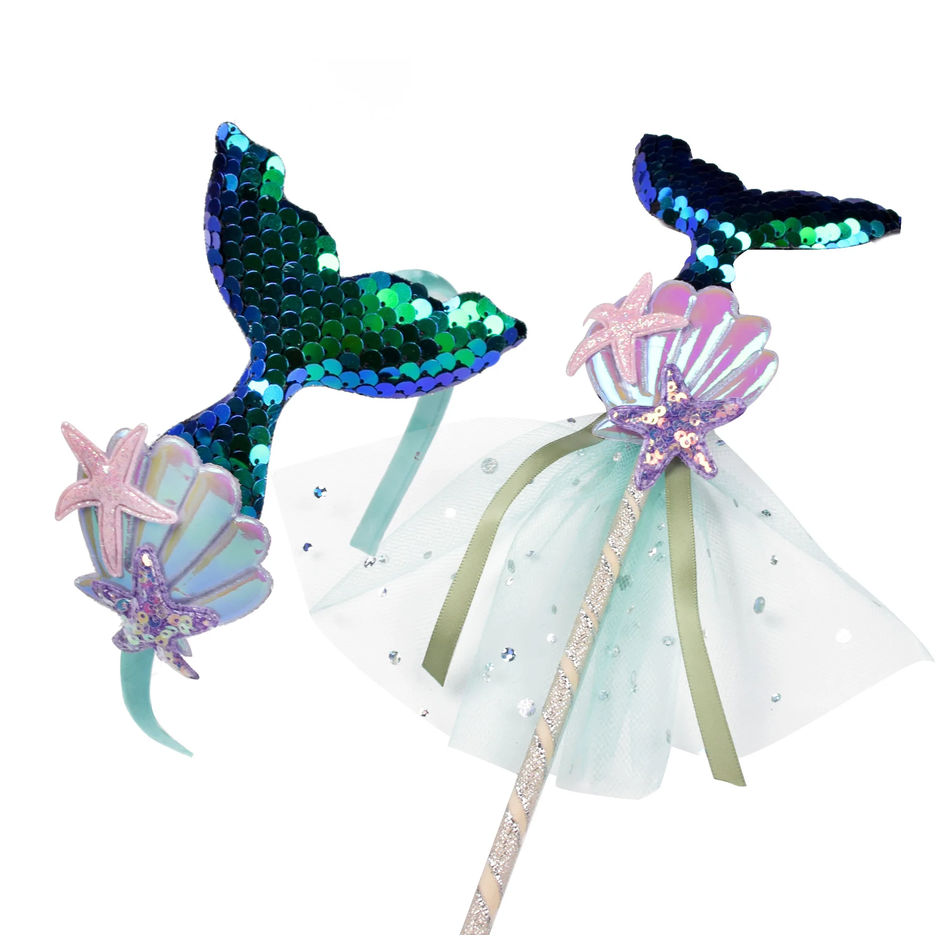 Mermaid Shell Starfish Kid Headband Wand 2Pcs Set Iridescent Sequin Exquisite Fairy Princess Hair Accessory For Stage Photo Prop view 6