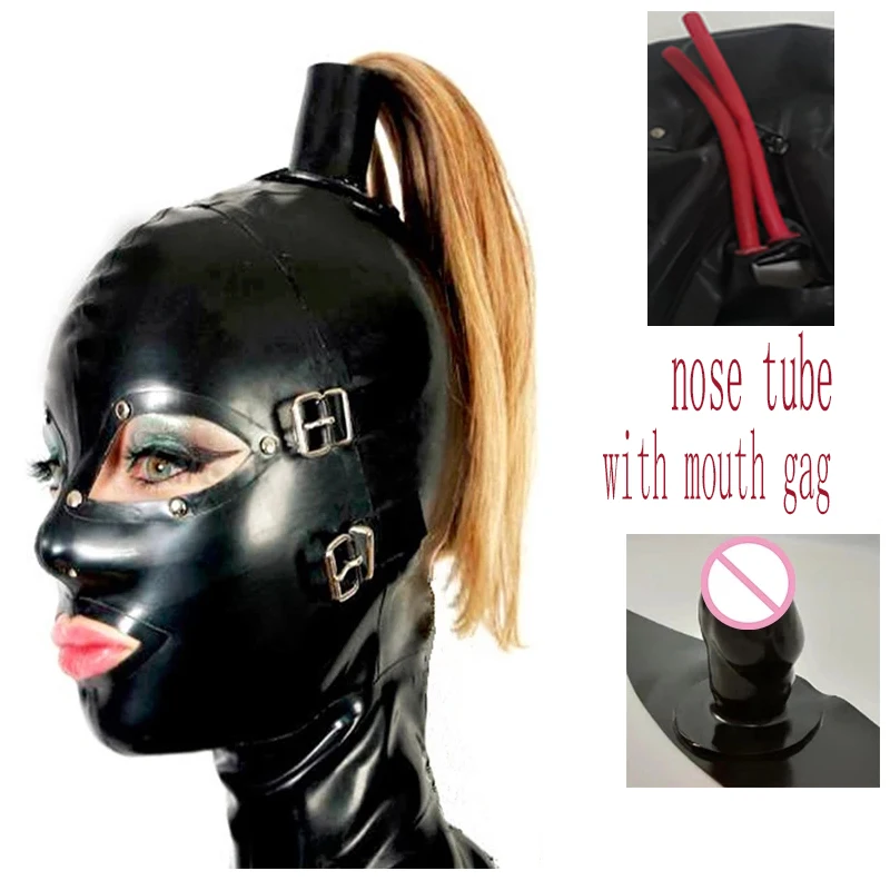 Masque en caoutchouc à capuche en latex avec long tube antarctique, bouche, dents, bâillon, bouchon, perfectionnez les yeux et la bouche, fétiche, fermeture à glissière au dos