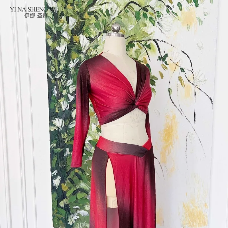 Feminino novo oriental dança do ventre desempenho traje de cintura alta dupla fenda saia longa prática terno dancewear roupas