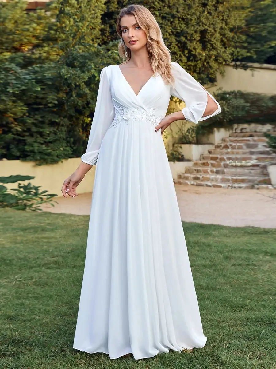 MisShow Simple Wedding Dresses For Women 2024 Elegant V-Neck Chiffon White Long Slit Sleeves A-Line Lace Boho Bridal Gowns