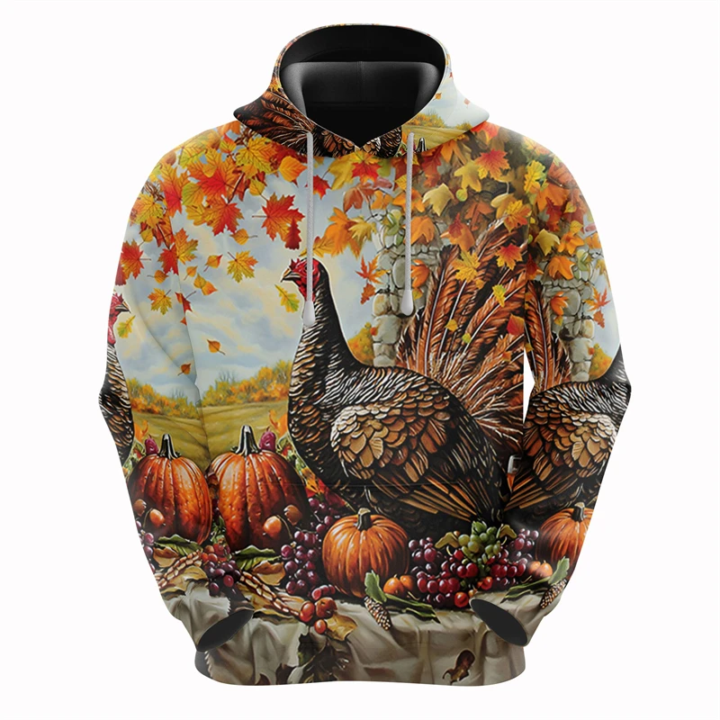 Men's Turkey Pattern Hooded Sweatshirt Fashion 3D Bird Lovers Printed Pullover Hoodie Casual Pumpkin Kids Loose Hoodies Tops