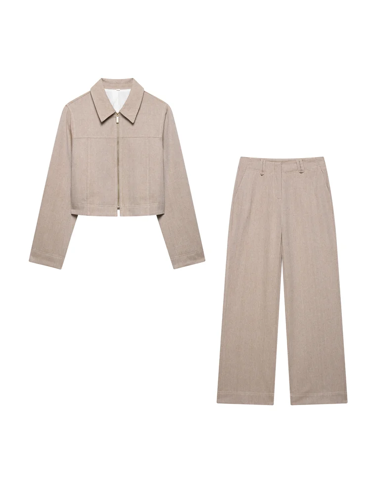 Casual broek set vrouwen revers ritsen crop top rechte broek sets dame lente zomer effen pak vrouw streetwear - afbeelding 2