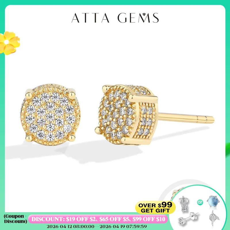 

ATTAGEMS D VVS1 Round Full Moissanite Earrings for Women Men 925 Sterling Silver 18k Gold Shiny Hiphop Studs Party Gift Jewelry