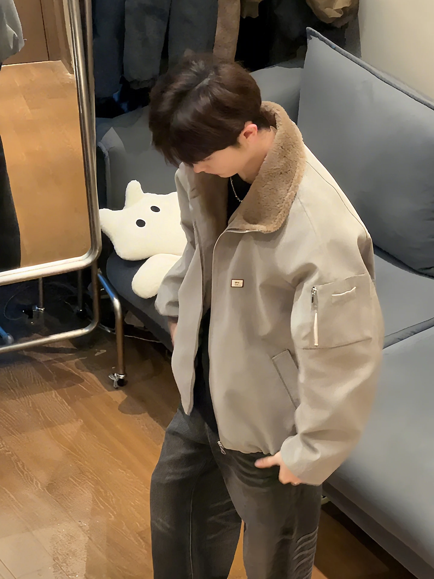 

ay PU Leather Fur Lined Thiened ort Cotton Jaet Men's Winter Warm Coat Retro American Sle Inteated Leather And Fur