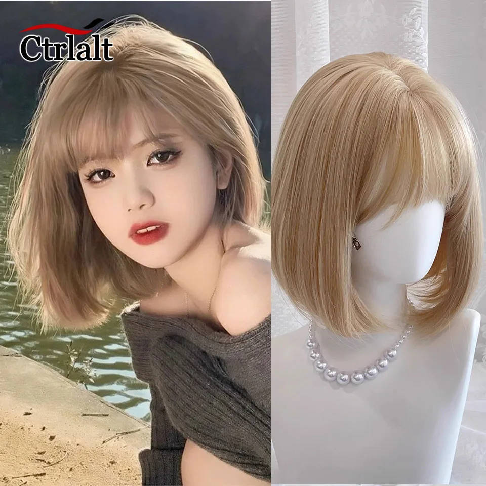 

Короткий парик с челкой для женщин Синтетический розовый блондин Косплей Лолита Ежедневные парики для вечеринок Термостойкое волокно Натуральные искусственные волосы